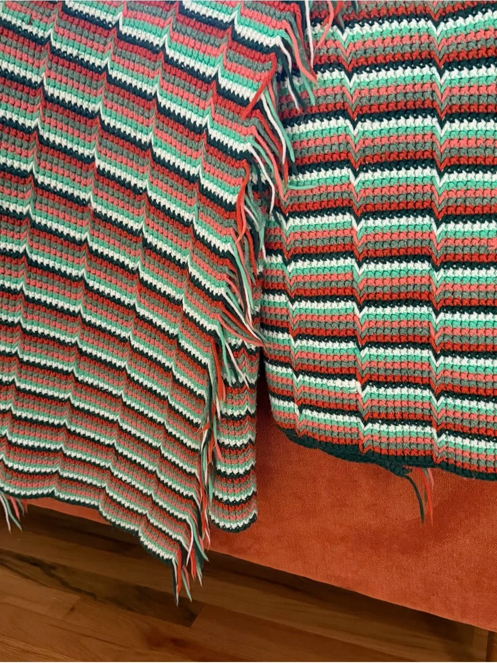 70s Vintage Handmade Crochet Flame Stitch Chevron Afghan Throw Blanket Fringe